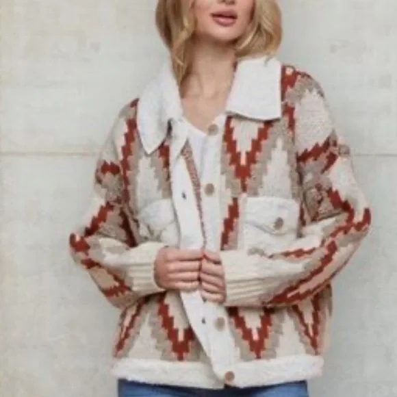 #48 Orange cream Tribal Aztec Bohemian fluffy pocket button teddy shacket coat - Picture 6 of 7